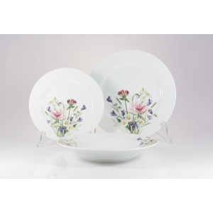 Zestaw talerzy Chodzież G762 Yvette dla 6 osób. Komplet białej porcelany z delikatnym motywem polnych kwiatów, obejmujący dwa płaskie talerze i głęboką misę.