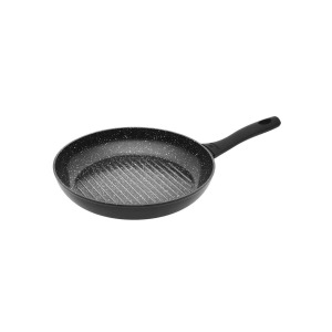 Patelnia grillowa Gerlach Granitex 28 cm z nieprzywierającą powłoką o granitowej teksturze. Widok z góry na wnętrze z charakterystycznymi żebrowaniami do