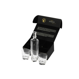 Prezentowy zestaw do whisky Krosno Glass Perfect Serve Sky z karafką i dwiema szklankami w eleganckim czarnym pudełku z logo marki i napisem Perfect Serve.