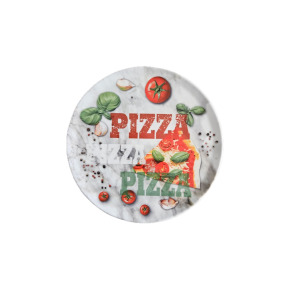 Talerz do pizzy 33 cm Lubiana 9098 TINA z motywem włoskich składników: pomidorów, bazylii i czosnku na marmurowym tle. Centralny napis PIZZA w kolorach flagi