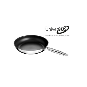 Patelnia Schulte-Ufer ASTRAL 28 cm z czarną powłoką nieprzywierającą i błyszczącym stalowym korpusem. Widoczne logo UniversUS oraz slogan Um Welten besser als