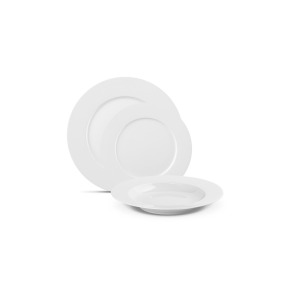 Zestaw talerzy Modern White od Gerlach w kolorze białym. Komplet 18 części do 6 osób obejmuje dwa pionowo ustawione talerze oraz jeden głęboki talerz na
