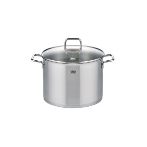 Garnek z pokrywką Elo Citrin o pojemności 9,5 l i średnicy 26 cm. Wykonany z polerowanej stali nierdzewnej, z widoczną miarką wewnątrz i logo marki na froncie.