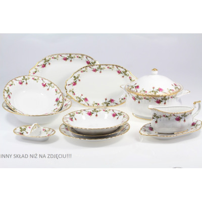 Serwis obiadowy Chodzież Iwona B013 dla 12 osób z motywem róż i złoceniami. Zestaw porcelanowych naczyń: waza, sosjerka, półmiski i talerze. Napis: INNY SKŁAD