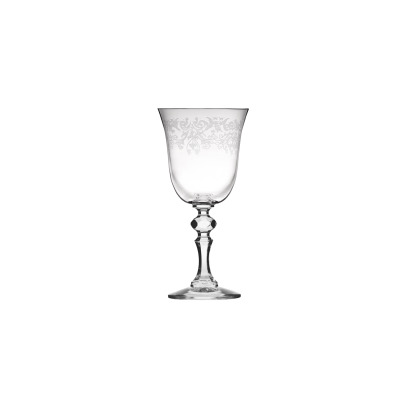 Kieliszek do wina białego Krista deco od Krosno Glass. Przezroczyste szkło z ozdobnym, roślinnym grawerem na czaszy oraz elegancką, profilowaną nóżką. Widok z