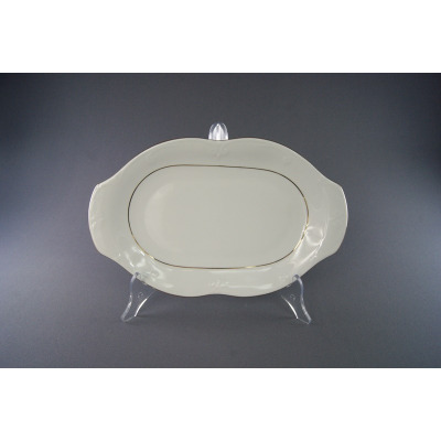 Owalny półmisek Chodzież B014 Kamelia o długości 28 cm. Biała porcelana z delikatnym złotym zdobieniem na rancie i subtelnym tłoczonym wzorem na brzegach.