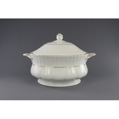 Biała porcelanowa waza Chodzież Iwona o pojemności 2,50 l z elegancką złotą linią, zdobiona delikatnym żłobkowaniem i klasycznym uchwytem na pokrywce.