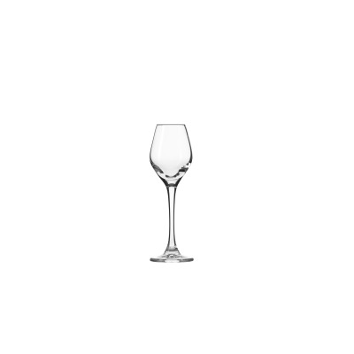 Przezroczysty kieliszek do likieru Splendour marki Krosno Glass o pojemności 70 ml na smukłej nóżce, ukazany na białym tle w ujęciu frontalnym.