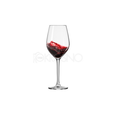 Kieliszek do wina czerwonego Splendour marki Krosno o pojemności 460 ml z wirującym trunkiem. Smukła czasza i elegancka nóżka na tle logo Krosno 1923.