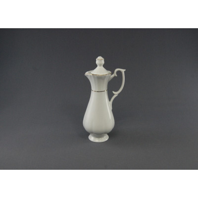 Biała porcelanowa butelka do octu B014 Iwona marki Chodzież z subtelnym żłobkowaniem, zdobiona elegancką złotą linią, z dopasowaną pokrywką i profilowanym