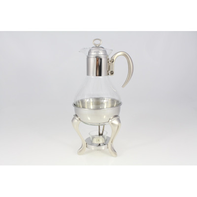 Szklany dzbanek z podgrzewaczem OVATION marki Regent Inox. Eleganckie naczynie ze stali nierdzewnej na ozdobnym stojaku z miejscem na świeczkę typu tealight.
