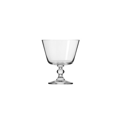 Szklany pucharek do lodów Krista marki Krosno Glass S.A. o szerokiej czaszy, osadzony na ozdobnej, profilowanej nóżce z okrągłą podstawą, widok z przodu.