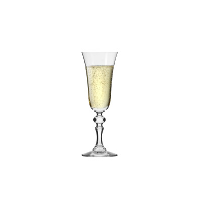 Elegancki kieliszek do szampana Krista marki Krosno Glass o pojemności 165 ml, wypełniony musującym trunkiem, z ozdobnie szlifowaną nóżką na białym tle.