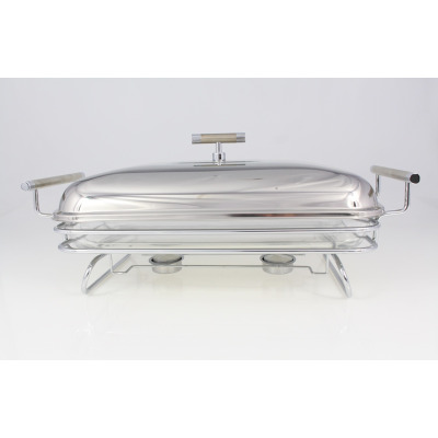 Prostokątne naczynie z podgrzewaczem Regent Inox Perle A-370416. Szklany pojemnik w chromowanym stelażu z dwiema świecami i błyszczącą pokrywą z uchwytem.
