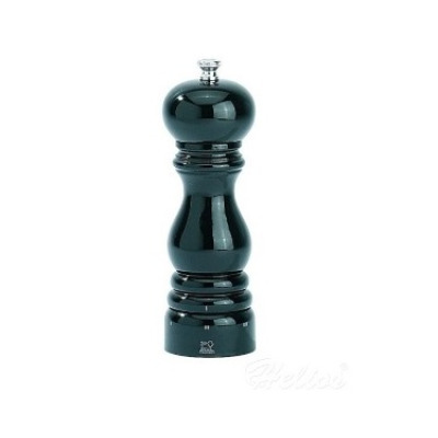 Czarny młynek do soli Peugeot Paris o wysokości 18 cm. Klasyczny, błyszczący design z widocznym logo marki u podstawy oraz metalowym pokrętłem regulacji
