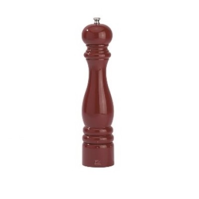 Czerwony młynek do pieprzu Peugeot Paris o wysokości 30 cm. Klasyczny, drewniany model o błyszczącym wykończeniu z metalowym pokrętłem regulacji mielenia na