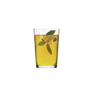 Szklanka do herbaty 250 ml Basic od Krosno Glass S.A. o skośnym rancie, wypełniona złotym naparem z plasterkiem cytryny i listkami szałwii, widok z przodu.