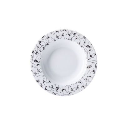 Talerz głęboki 22,5 cm z kolekcji MIX & MATCH Cosmopolitan od Ćmielów Design Studio. Biała porcelana z czarnym, roślinnym wzorem na szerokim kołnierzu, widok z