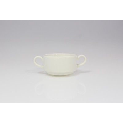 Biała bulionówka 180 ml marki RAK Porcelain z serii BANQUET. Naczynie o klasycznym, minimalistycznym designie z dwoma wygodnymi uchwytami, widok z profilu.