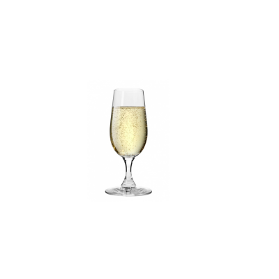 Kieliszek do szampana Pure marki Krosno Glass o pojemności 190 ml z przejrzystego szkła, wypełniony musującym trunkiem z widocznymi bąbelkami, ujęty frontalnie.