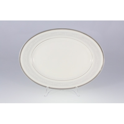 Owalny półmisek Karolina LOREL D-7394/1 o długości 36 cm. Biała porcelana z delikatnym, subtelnym wzorem roślinnym i elegancką szarą obwódką na krawędzi.