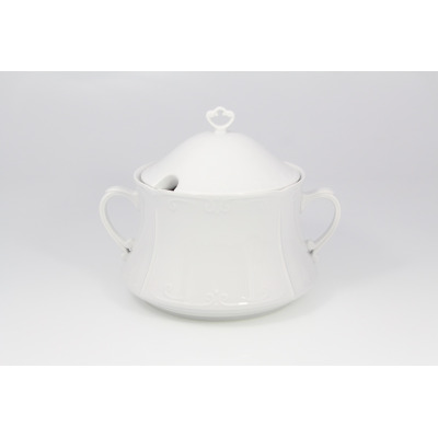 Biała waza Chodzież z serii Kamelia o pojemności 3,50 l. Eleganckie naczynie z porcelany z delikatnym reliefem, dwiema wyprofilowanymi rączkami i pokrywką.
