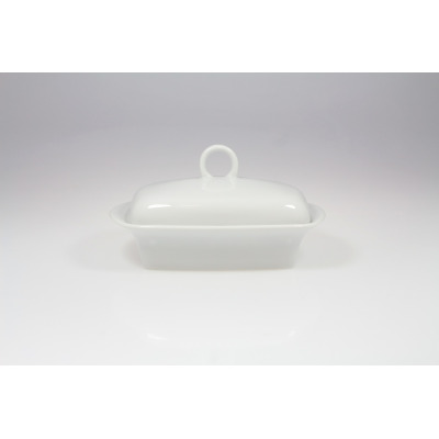 Biała porcelanowa maselnica Lubiana LU1619 o klasycznym, minimalistycznym kształcie z wygodnym uchwytem na pokrywce, widoczna na jasnym tle.