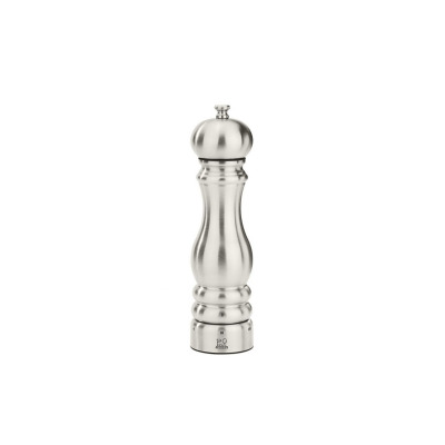 Stalowy młynek do pieprzu Peugeot Paris Chef o wysokości 22 cm. Klasyczny, elegancki kształt z matowym wykończeniem inox, widoczne logo marki i skala mielenia.