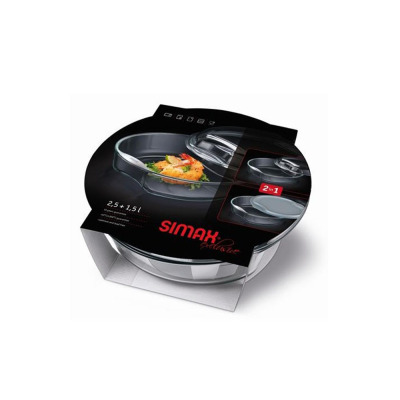 Okrągłe naczynie żaroodporne Simax Exclusive 2,5 l + 1,5 l z przezroczystego szkła w opakowaniu typu 2w1. Zestaw z pokrywą, idealny do pieczenia, z logo marki.