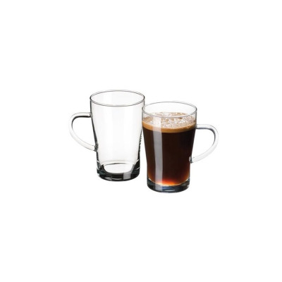 Dwie szklanki Simax o pojemności 300 ml z serii Orion. Jedna pusta, druga wypełniona czarną kawą z pianką, ustawione obok siebie na białym tle.