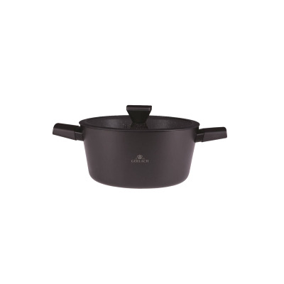 Czarny garnek Gerlach GRANITEX o średnicy 24 cm z granitową powłoką wewnętrzną, szklaną pokrywką i ergonomicznymi uchwytami, widoczny na białym tle.