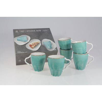Zestaw 6 morskich kubków Lubiana Stone Age o pojemności 350 ml. Ceramiczne naczynia z charakterystyczną teksturą stoją przed opakowaniem z napisem STONE AGE.