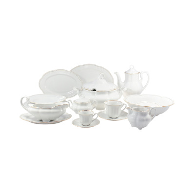 Elegancki serwis obiadowy Ćmielów Bolero dla 12 osób. Biała porcelana ze złotym zdobieniem, obejmująca wazę, półmiski, sosjerkę, filiżanki oraz dzbanek.