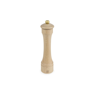 Młynek do pieprzu Peugeot Hostellerie o wysokości 22 cm w naturalnym odcieniu drewna bukowego. Klasyczny, smukły kształt z mosiężnym pokrętłem i logo marki u