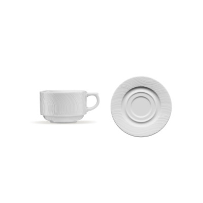 Biała porcelanowa filiżanka 190 ml ze spodkiem z kolekcji River marki Lubiana. Zestaw o subtelnej, falistej teksturze, ukazany w ujęciu z boku oraz z góry.