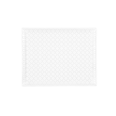 Biały półmisek prostokątny Lubiana Marrakesz o wymiarach 31x24 cm z delikatnym, tłoczonym wzorem geometrycznym na całej powierzchni, widok z góry.