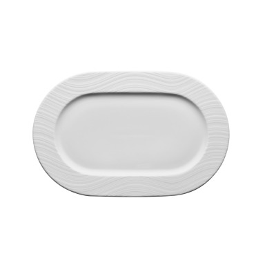 Biały półmisek Lubiana River o długości 32 cm z delikatnym, falistym tłoczeniem na szerokim rancie. Elegancka porcelana o owalnym kształcie, widok z góry.