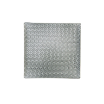 Kwadratowy talerz płytki Lubiana K10E Marrakesz o wymiarach 30,5 cm w kolorze szarym, ozdobiony powtarzalnym, geometrycznym wzorem w stylu marokańskim.