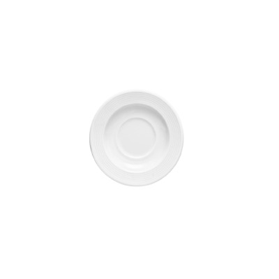 Biały spodek Lubiana Roma-Eto o średnicy 12 cm z subtelnym, koncentrycznym żłobieniem na obrzeżu. Widok z góry na elegancką, porcelanową zastawę hotelową.