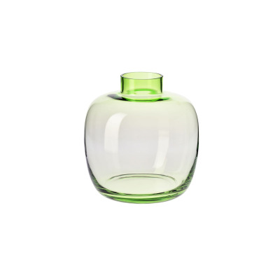 Zielony wazon Latitude od Krosno Glass S.A. o wysokości 28 cm. Szklane naczynie o obłym, pękatym kształcie z wyraźnie zaznaczonym, cylindrycznym wlotem.