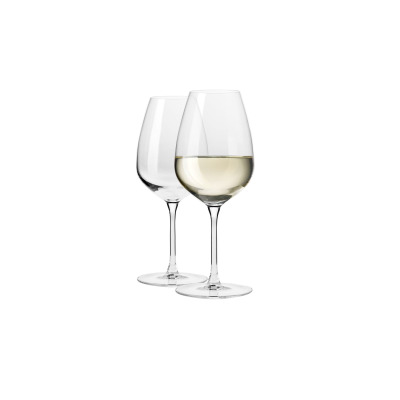 Dwa przezroczyste kieliszki do wina białego Krosno Glass DUET o pojemności 460 ml. Jeden kieliszek jest pusty, drugi wypełniony białym winem, widok na białym