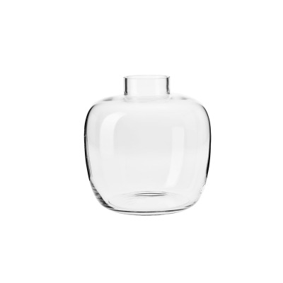 Przezroczysty wazon Latitude marki Krosno Glass o wysokości 28 cm. Szklane naczynie o obłym, pękatym kształcie z krótką szyjką, ukazane na białym tle.