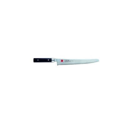 Nóż do chleba Kasumi 25 cm K-86025 z ząbkowanym ostrzem ze stali damasceńskiej i ciemną rękojeścią. Widoczny napis Kasumi oraz oznaczenia stali na głowni.