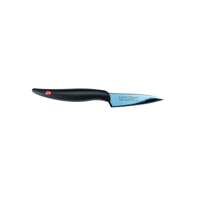 Niebieski nóż do warzyw Kasumi Titanium o długości 8 cm z czarną, ergonomiczną rękojeścią. Na ostrzu widoczny napis: KASUMI Titanium Molybdenum Vanadium Steel.