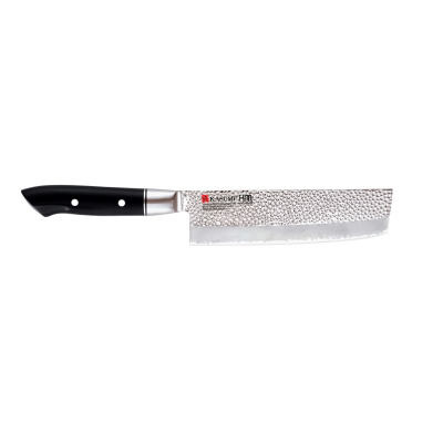 Nóż Nakiri Kasumi HM 17 cm z kutą, młotkowaną głownią ze stali VG10 i czarną rękojeścią. Widok z boku na profesjonalne narzędzie kuchenne z wyraźną fakturą