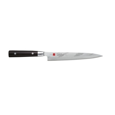 Nóż Sashimi Kasumi 21 cm K-85021 z ciemną rękojeścią i ostrzem ze stali damasceńskiej. Widoczne logo Kasumi oraz napis VG-10 Super Stainless Steel na głowni.