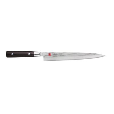 Japoński nóż Sashimi Kasumi 24 cm z charakterystycznym wzorem damastu na ostrzu, ciemną drewnianą rękojeścią z dwoma nitami i logotypem marki na klindze.