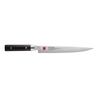 Nóż Slicer Kasumi 24 cm z ostrzem ze stali damasceńskiej VG-10 i ciemną rękojeścią. Widoczny napis na klindze: KASUMI, VG-10 SUPER STAINLESS STEEL, MADE IN