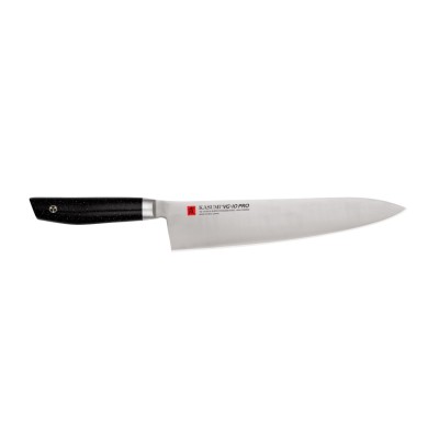 Nóż szefa kuchni Kasumi VG10 o długości 24 cm z czarną rękojeścią i gładkim, stalowym ostrzem. Na klindze widoczny napis Kasumi VG-10 PRO oraz Made in