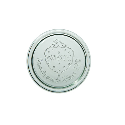 Szklana pokrywka do słoików Weck o średnicy 120 mm. Przezroczyste wieczko z wytłoczonym logo truskawki oraz napisem WECK Rundrand-Glas 120 na gładkiej